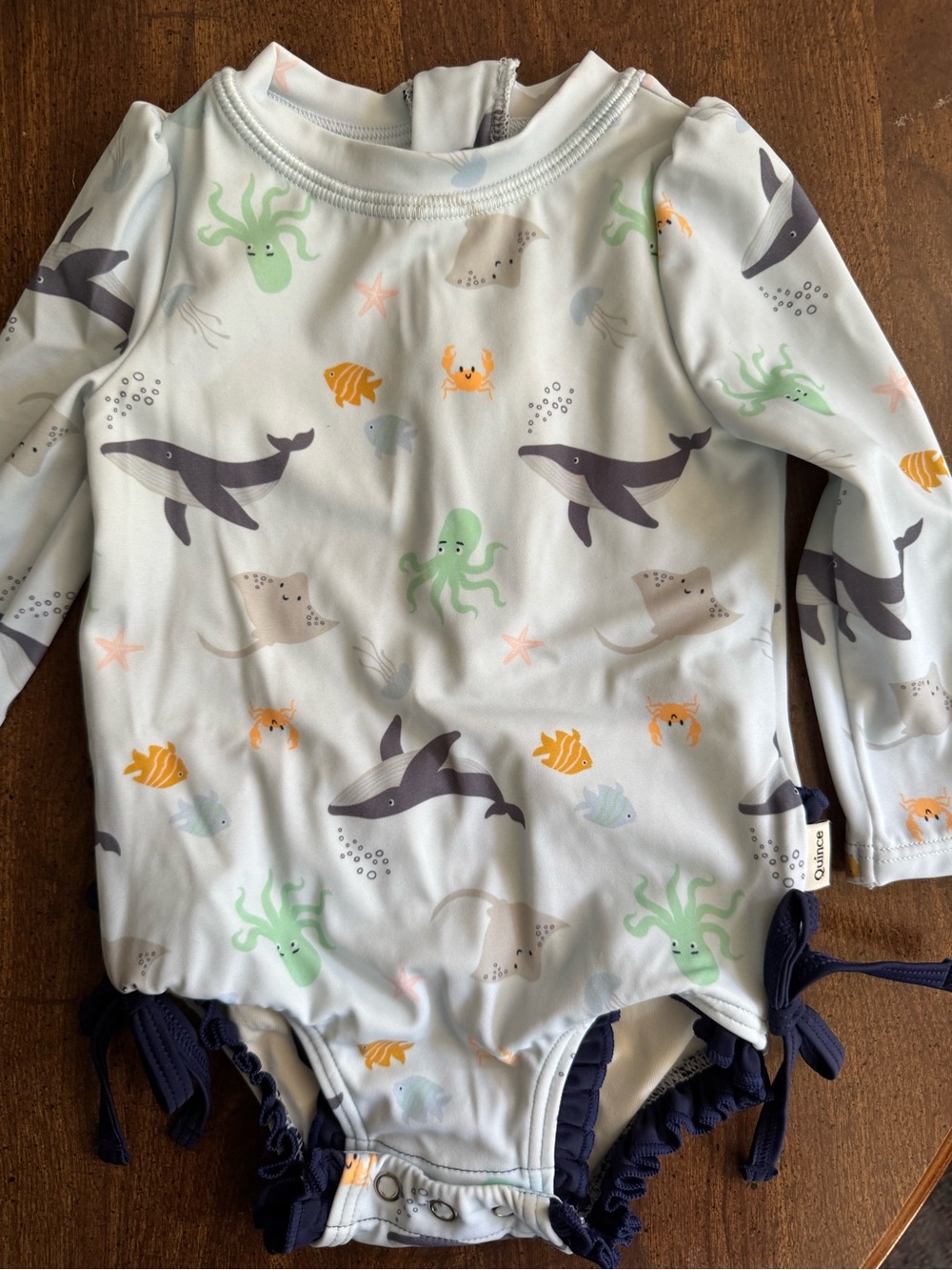 Quince Kids Sea Creatures Swim Romper in Navy and Cream